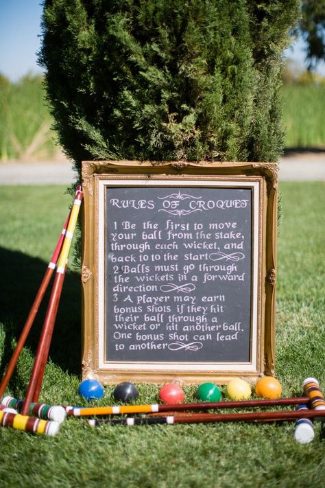 Chalkboard sign for croquet rules. Apparently, players take turns in the designated order which is based on the colors on the club handle.... Croquet Rules, British Hunting, Croquet Party, Crochet Party, Victorian Crochet, Lawn Games Wedding, Vintage Garden Parties, Design Darling, Hunting Party