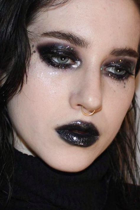 portrait of a beautiful woman with a dark feminine makeup look, bold lipstick and eyeshadow Subtle Gothic Makeup, Sultry Goth Makeup, Witchcore Makeup, Dark Alt Makeup, Dark Mysterious Makeup, Goth Makeup Subtle, Dark Makeup Aesthetic, Feminine Makeup Looks, Dark Feminine Makeup Looks