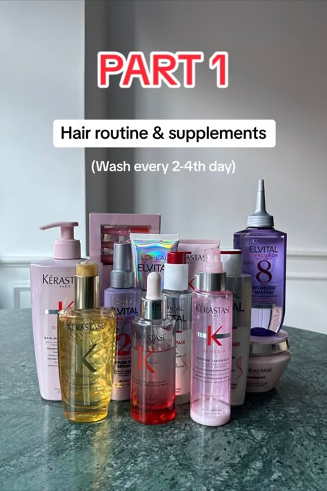 Hair routine, supplements, part 1, double shampoo, L'Oreal Paris bond repair, Kerastase Genesis, Conditioner, masking Evital wonder water, serums Hair Length Chart, Hair Routine, Easy Hairstyles Quick, Long Hair Tips, Natural Hair Care Tips, Hair Essentials, Hair Locks, Hair Food, Hair Maintenance