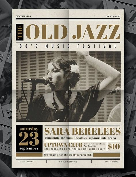 Old Newspaper Jazz Flyer Template PSD Old Newspaper Layout, Newspaper Title Design, Newspaper Layout Ideas, News Paper Poster, Newspaper Aesthetic Design, 50s Newspaper, Newspaper Poster Design, Modern Newspaper Design, Old Poster Design