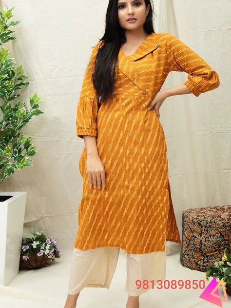 Kurti design by minni designes Ikat Dress Kurti, Collar Kurti Design, Khadi Kurta, Dress Kurti, डिजाइनर कपड़े, Silk Kurti Designs, Indian Kurti Designs, Stylish Kurtis Design, New Kurti Designs