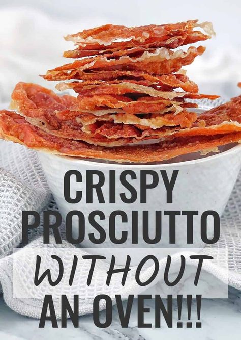 How to make crispy prosciutto without an oven with my great quick hack! You will get amazingly crisp prosciutto slices which you can then use in so many different ways. As an appetizer on your next grazing board, sprinkled on top of soups and chowders, or added to pasta or salad dishes. Even eat them as crispy keto chips! #chefnotrequired #prosciutto Prociutto Appetizers, Soups And Chowders, Keto Chips, Prosciutto Recipes, Crispy Prosciutto, Grazing Board, Salad Dishes, Cheese Appetizers, Mediterranean Recipes