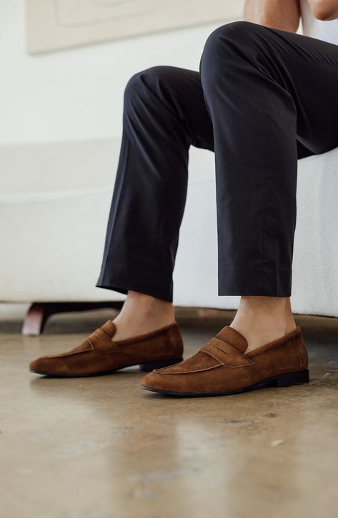 Complete your office ensembles with this classic penny loafer fashioned from soft suede. Leather upper and lining/rubber sole Imported Brown Penny Loafers Men Outfit, Men’s Dress Shoes, Men’s Loafers, Brown Loafers Men Outfit, Old Money Shoes Men, Mens Loafers Outfit, Suede Loafers Men Outfit, Men’s Loafers Outfit, Men Loafers Outfit