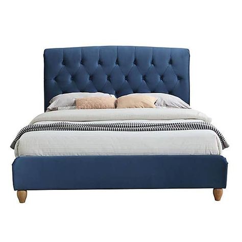 Brompton Midnight Blue Fabric Small Double Bed Frame | Dunelm Small Double Bed Frames, Contemporary Bed Frame, Fabric Upholstered Bed, Fabric Bed Frame, Headboard With Lights, Headboard Design, Small Double Bed, Curved Headboard, Cushion Headboard