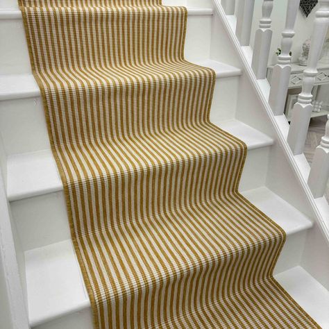 Pinstripe Ochre Stair Runners | Runrug Striped Stair Runner, Stair Carpet Runner, Kitchen Runners, Stair Rods, Flat Weave Carpet, Stair Carpet, Rug Runners, Carpet Sale, Stair Runners