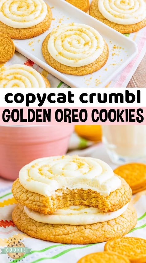 COPYCAT CRUMBL GOLDEN OREO COOKIES - Family Cookie Recipes Golden Oreo Crumbl Cookie, Crumbl Golden Oreo Cookies, Copycat Oreo Cookies, Fall Crumble Cookie Copycat Recipe, Crumbl Cookie Recipe Copycat, Crumble Copycat Cookies, Crumble Cookie Copycat Recipe, Crumbl Cookie Recipes, Crumbl Recipes