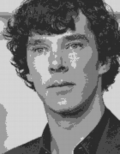 Celebrity Pixel Art, Sherlock Drawing, Portrait Cross Stitch, Graph Paper Drawings, Cross Stitch Fonts, Graph Crochet, Benedict Cumberbatch Sherlock, Pixel Art Templates, Pixel Crochet