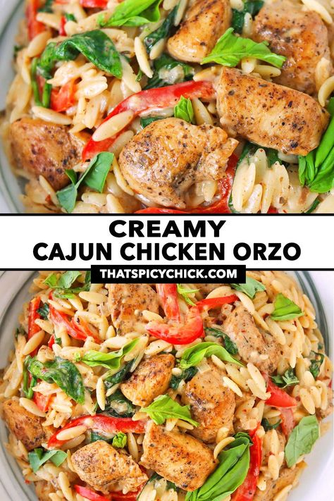 This Creamy Cajun Chicken Orzo is easy to make in 30 minutes and incredibly flavorful and satisfying! Tender Cajun seasoned chicken pieces, bell pepper, orzo, spinach and fresh basil come together in a beautifully seasoned lightened-up creamy garlic sauce! #orzo #cajunchicken #pasta #weeknight #easyrecipes #skillet #dinner #easydinner #onepandinner #onepotmeal #creamycajunsauce #maindish #highproteinmeals | That Spicy Chick Orzo Recipes With Chicken, Cajun Chicken Orzo, Cajun Pasta Sauce, Orzo Spinach, Creamy Cajun Chicken, Orzo Dishes, Healthy Party Food, Cajun Pasta, Creamy Lemon Chicken