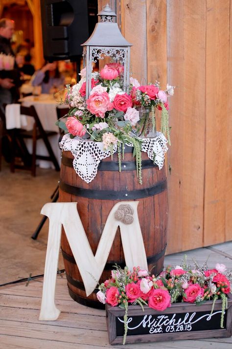 Wedding Reception Entrance, Reception Entrance, Wedding Entrance Decor, Barn Wedding Decorations, Diy Rustic Decor, Wine Barrels, Rustic Wedding Flowers, Barn Decor, Wedding Entrance