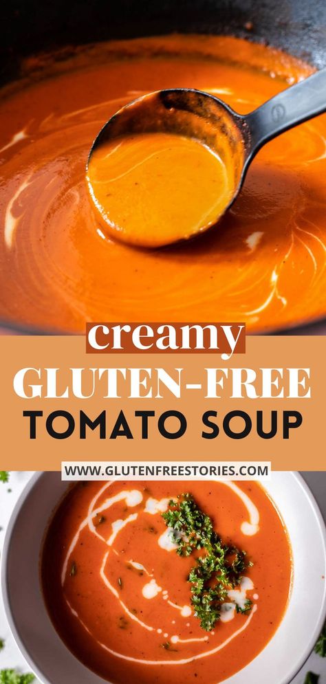 This Gluten-Free Tomato Soup requires only 9 simple ingredients and 20min to make, moreover it is super creamy, flavorful and so comforting. Gluten Free Tomato Soup, Dairy Free Tomato Soup, Tomato Soup Easy, Gluten Free Dinner Easy, Nut Free Recipes, Creamy Tomato Soup, Wheat Free Recipes, Tomato Soup Recipes, Gluten Free Recipes For Dinner