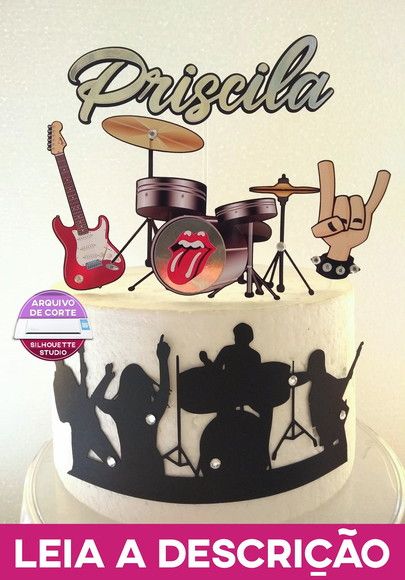 #478# Topo de Bolo Rock'n Roll - ARQUIVO SILHOUETTE STUDIO no Elo7 | Célia Clissia (100A7C6) Bolo Rock, Festa Rock Roll, Party Rock, Paper Cake, Rock'n Roll, Glam Rock, Rock Roll, Bottle Art, Silhouette Studio