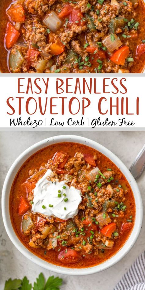 This beanless chili recipe is a quick and easy stovetop meal that cooks in just 30 minutes! It's Whole30, paleo, low carb and gluten-free, so it's a no bean chili that everyone can enjoy! Made with hearty vegetables like tomatoes, peppers, onions and mushrooms it's super filling without beans and makes delicious leftovers for meal prep or freezing. #beanlesschili #whole30chili #stovetopchili #ketochili #lowcarbchili Low Cal Chili, Beanless Turkey Chili, Low Calorie Chili, Gluten Free Chili Recipe, Paleo Chili Recipe, Beanless Chili Recipe, Whole30 Chili, Beanless Chili, Chili Without Beans