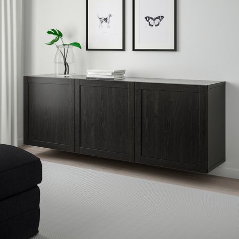 BESTÅ Wall-mounted cabinet combination - black-brown, Hanviken black-brown - IKEA Entryway Inspo, Disco Vinil, Mounted Cabinet, Wall Railing, Ikea Store, Brown Wall, Ikea Besta, Rope Shelves, Wall Mounted Cabinet