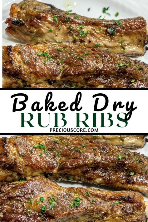 The tastiest Baked Dry Rub Ribs you will ever have! Made with a simple dry rub, these pork ribs are easy enough to make for weeknights and fancy enough to make for the holidays or special occasions. Dry Pork Ribs Oven Baked, Oven Baked Dry Rub Ribs, Rib Recipes In Oven Dry Rub, Oven Roasted Ribs Dry Rubs, Rib Rub Recipe Dry Oven, Dry Ribs In Oven, Pork Spare Ribs In The Oven Dry Rub, Crockpot Ribs Dry Rub, Pork Ribs In The Oven Dry Rub