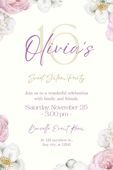 16 Birthday Invitation Template, Floral Sweet 16, Sweet Sixteen Birthday Invitations, Diy Birthday Invitations, 16th Birthday Invitations, 28th October, Vintage Birthday Cards, Sweet Sixteen Parties, Sweet Sixteen Birthday