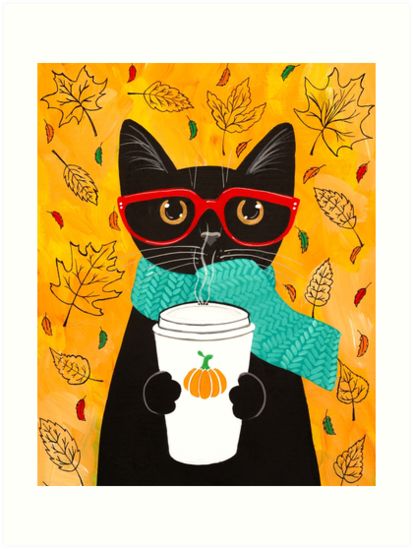 Coffee Cat, 강아지 그림, Pumpkin Coffee, A Black Cat, Wearing Glasses, Cat Coffee, Pics Art, Cat Theme, Cartoon Cat