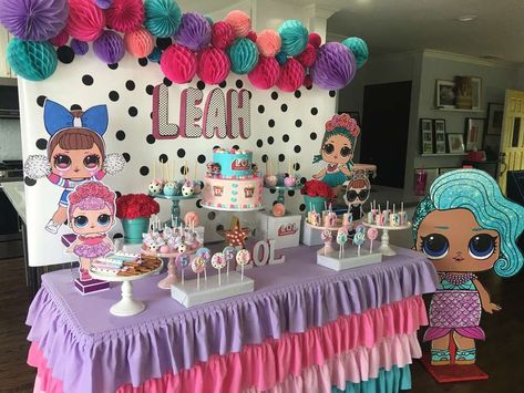 The dessert table at this LOL surprise Birthday Party is gorgeous! Love the decor!! See more party ideas and share yours at CatchMyParty.com #catchmyparty #partyideas #lolsurprisedollsparty #girlbirthdayparty #lolsurprisedolls #lolsurprisedollsdesserttable Lol Table Decorations, Lol Birthday Party Ideas Diy, Lol Dessert Table Ideas, Diy Lol Surprise Birthday Party, Lol Surprise Dolls Party Ideas Diy, Lol Surprise Food Ideas, Lol Birthday Party Ideas Decorations, Lol Party Ideas Decoration, Lol Theme Birthday Party Ideas