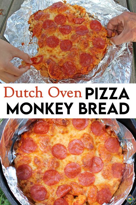 Learn how to make Pizza Monkey Bread in your Dutch oven with this easy and fun camping recipe. Perfect for pizza lovers, this recipe uses refrigerated biscuit dough. Your family will love pulling apart this delicious pizza while enjoying the beautiful outdoors. Dutch Oven Pizza Bread, Monkey Bread In Dutch Oven, Monkey Bread Camping, Dutch Oven Bread Camping, Dutch Oven Monkey Bread, Dutch Oven Biscuits, Pizza Monkey Bread Recipe, Dutch Oven Recipes For Camping, Campfire Dutch Oven Recipes