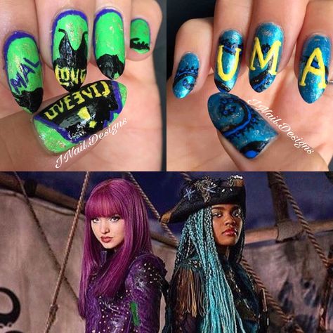 Descendants Nails For Kids, Mal Descendants Nails, Mal Nails Descendants, Descendants Nail Art, Disney Nails Kids, Descendants Nails, Disney World Nails, Descendants Outfits, Disney Inspired Makeup