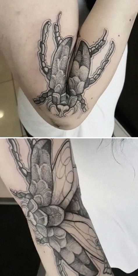 Creative-Moving-Tattoo-Designs Moveable Tattoo, Moving Tattoo Ideas Leg, Kneee Tattoos, Beetle Leg Tattoo, Folding Elbow Tattoo, Moving Butterfly Tattoo, Keep Moving Forward Tattoo, Moving Tattoos, Moving Tattoo Ideas