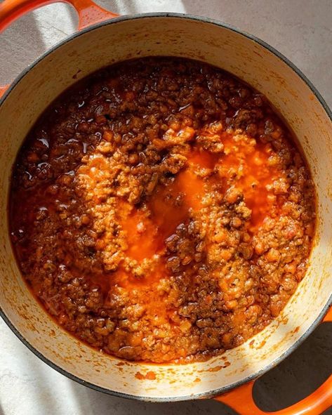 Bolognese is the ultimate Sunday sauce, and Marcella Hazan’s Bolognese Sauce is a comfort food classic. 🍝 Her recipe is currently available from New York Times Cooking— it's a hearty, cozy dish to make in your Le Creuset Dutch Oven! 📸: @NYTCooking and Instagram user @GigglesAndJiggles Martha Stewart Bolognese Sauce, New York Times Bolognese Sauce, Marcella Hazan Bolognese Recipe, Bolognese Sauce Marcella Hazan, Ann Burrell Bolognese, Dutch Oven Bolognese Sauce, Bolenese Sauce, Marcella Hazan Bolognese, Bolognese Sauce Authentic