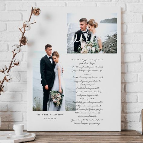 Elegant Wedding Vows Love Script Minimal Two Photo Canvas Print Typography Overlay, Love Script, Wedding Memory, Photo Layout, Wedding Day Photos, Wedding Mementos, Script Typography, Canvas Photo Prints, Photo Layouts