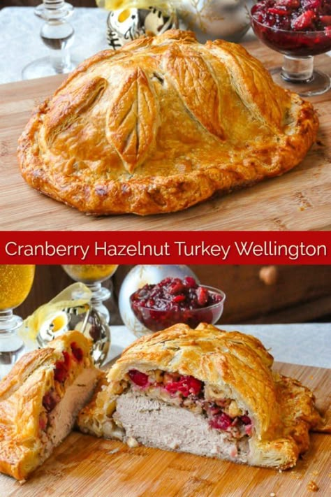 Cranberry Hazelnut Turkey Wellington. This golden turkey wellington is a great alternative for Holiday cooking when serving just a few people. So impressive & so easy using frozen puff pastry. #thanksgiving #christmas #turkey #cookingfortwo Gourmet Turkey Recipes, Turkey Wellington Recipe, Wellington Recipes, Turkey Wellington, Gourmet Thanksgiving, Wellington Recipe, Christmas Turkey, Turkey Dishes, Thanksgiving Dishes