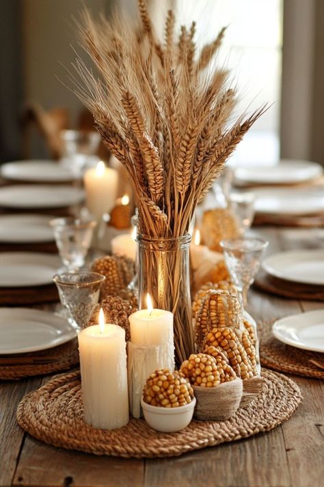 Make DIY centerpieces with dried corn and wheat stalks for a rustic Thanksgiving touch. #ThanksgivingDIY #RusticCenterpieces #SeasonalStyle Wheat Centerpieces Wedding, Whiskey Barrel Centerpieces, Wheat Table Decorations, Wheat Decor, Corn Decorations, Thanksgiving Tables, Rustic Thanksgiving, Dried Corn, Cozy Dinner