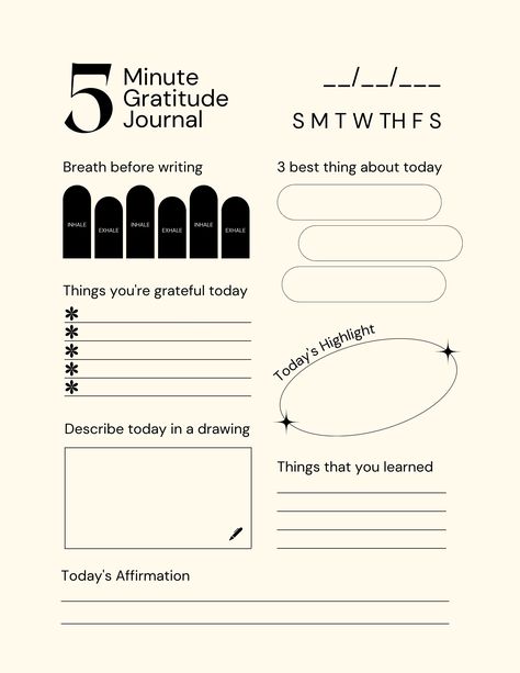 "A Minimalist Five Minute Gratitude Journal is a journal designed to help individuals develop a daily gratitude practice in just a few minutes each day. The journal typically includes simple prompts that can be answered quickly, such as \"What are three things you're grateful for today?\" or \"What made you smile today?\" The minimalist design of the journal emphasizes simplicity and encourages users to focus on the present moment and appreciate the small things in life. By taking just a few minutes each day to reflect on what they are grateful for, users may experience a greater sense of well-being and improved mental health. The goal of a Minimalist Five Minute Gratitude Journal is to help individuals cultivate a regular gratitude practice, even if they have limited time or are new to jo Five Minute Gratitude Journal, Gratefulness Journal Prompts, What I Did Today Journal, Journal Of Gratitude, Prompt For Journal, The Five Minute Journal Pdf, Minimalist Journal Design, Grateful Journal Template, How To Make A Gratitude Journal