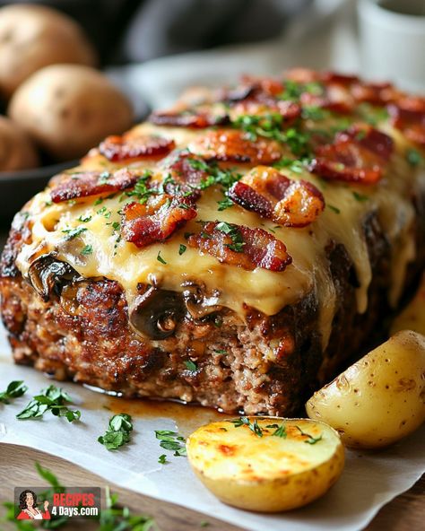 Bacon Mushroom Swiss Meatloaf Fall Carnivore Meals, Loaded Meatloaf, Meatloaf Roll Up, Mini Stuffed Meatloaf, Meatloaf With Bacon, Swiss Dinner Recipes, Fall Casseroles Comfort Foods, Yummly.com Recipes, Meatloaf With Bacon On Top