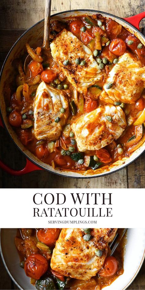 Cod with Ratatouille Autumn Seafood Recipes, Autumn Fish Recipes, Fall Cod Recipes, Cod Provencal Recipe, Fish And Vegetable Recipes, Fall Fish Recipes, Cod Dinners, Cod Dinner Recipes, Italian Fish Recipes