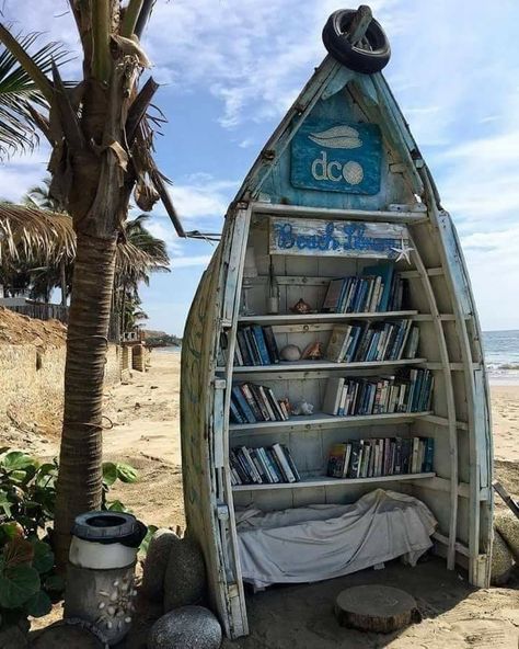 Beach library Nautical Kids Bedroom, Library Inspiration, Bookstore Cafe, Library Aesthetic, Beach Cafe, Free Library, Beach Lifestyle, What Book, Row Boat