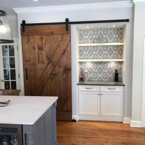 Wall Pantry Barn Door, Farm Pantry Door, Barn Door Kitchen Pantry, Barn Door Pantry Ideas, Pantry Barn Doors Sliding, Barn Door Pantry Kitchens, Pantry Double Door Ideas, Barn Door In Kitchen, Pantry Without Door