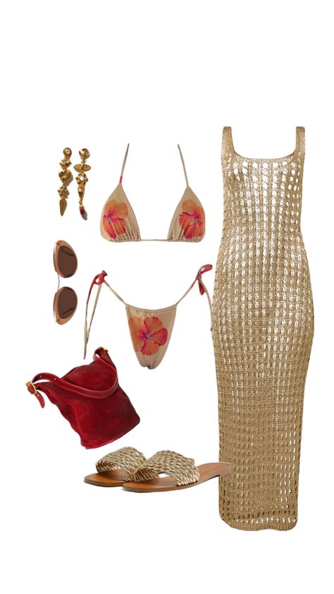 Gold Dress Simple, Miami Chic, Poolside Outfit, Miami Vibes, Poolside Glamour, Red Tote Bag, Trendy Beach, Red Tote, On A Boat