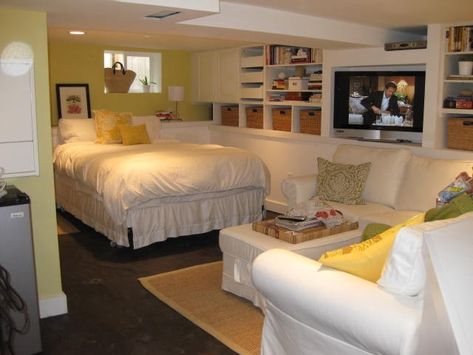 {Basement Beauties} How To Spruce Up The Dungeon Downstairs Bedroom In Basement, Cheap Basement Ideas, Patio Chico, Low Ceiling Basement, Home Office Guest Room Combo, Basement Guest Rooms, Home Office/guest Room, Classic Homes, Basement Inspiration