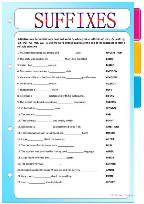 Nouns And Verbs Worksheets, Suffixes Worksheets, Nouns Verbs Adjectives Adverbs, Verbs Worksheet, Part Of Speech Noun, English Adjectives, Adjective Worksheet, Nouns And Pronouns, Word Formation