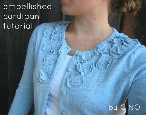 embellished cardigan tutorial Embellished Sweater Diy Ideas, Sweater Embellishment, Cardigan With Flowers, Cardigan Diy, Cardigan Tutorial, Diy Cardigan, Sweater Tutorial, Pretty Sweater, Fun Sweater