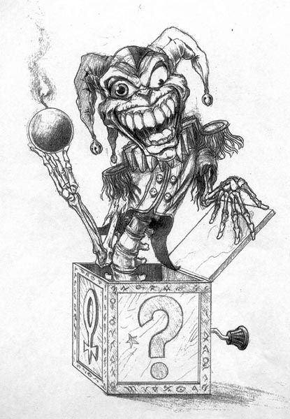 Jack in a Box Jack In A Box Drawing, Jack In The Box Drawing, Jack In The Box Tattoo, The Box Tattoo, Scary Clown Drawing, Jester Tattoo, Christus Tattoo, Box Tattoo, Clown Paintings