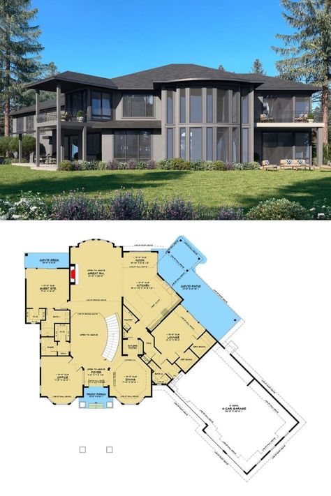 This 2-bedroom, 6-bedroom Mediterranean house plan with angled 4-car garage and bonus room, features a grey modern mediterrean house exterior. This beautiful home is over 6000 sq.ft. and is perfect for a large family. Follow us for more 6-bedroom house plans and Mediterranean house plans. Floor plan by Architectural Designs. Bedroom Mediterranean, Bonus Room Floor Plan, Luxury Mediterranean Homes, 6 Bedroom House Plans, Room Floor Plan, Mediterranean Luxury, Mediterranean House Plan, Mediterranean House Plans, Mediterranean House