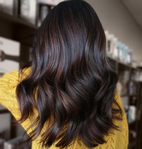 Chocolate Brown Hair With Side Bangs, Partial Balayage Black Hair Indian, Black Hair To Brown Before And After, Highlights For Black Hair And Indian Skin, Hair Highlights For Black Hair, Indian Hair Highlights, Black Hair With Lowlights, Dark Chocolate Hair Color, Global Hair Color