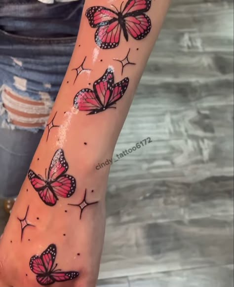 Hot Pink Butterfly Tattoo, Black And Pink Butterfly Tattoo, Purple And Pink Butterfly Tattoo, Monarch Tattoos, Colored Butterfly Tattoo, Butterfly Thigh Tattoo, Purple Butterfly Tattoo, Colorful Butterfly Tattoo, Colour Tattoo For Women