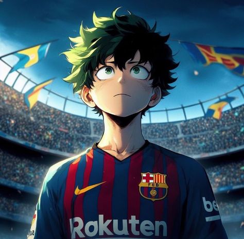 Barcelona Anime, Soccer Anime Drawing, Anime Jersey, Deku Art Cute, Mha Fanart Deku Cute, Cute Midoriya Fanart, Cute Izuku Fanart, Soccer Anime, Touka Wallpaper