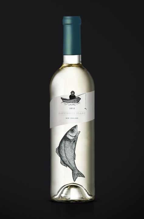 White wine label design with fisherman & fish illustration Wine Label Art, Wine Label Inspiration, White Wine Labels, Wine Etiquette, Creative Wine Label, Wine Bottle Packaging, Wine Bottle Label Design, Vodka Labels, Negroni Cocktail