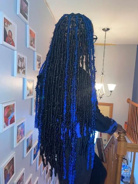 Butterfly Locs: Everything to Know About This Hairdo Soft Locs 28 Inches, Black And Blue Faux Locs, Blue Peekaboo Locs, Blue And Black Soft Locs, Blue Faux Locs Black Women, Blue And Black Butterfly Locs, Blue Hairstyles Braids, Blue Twists For Black Women, Black And Blue Locs