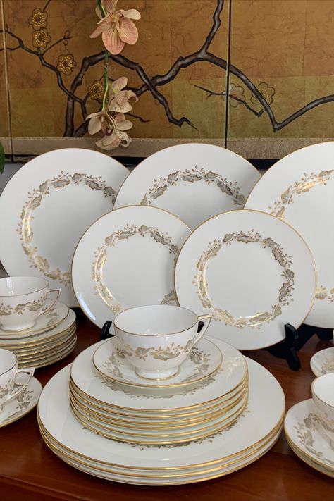 This is a lovely set of the elegant Minton Corinthian Bone China pattern. Made in England with gorgeous gold and turquoise embellishment, this set is perfect on its own, or worked into your tableware collection. The set is in very good condition, with minimal scratching on the dinner plates, all gold edging is pristine. The set includes: (6) Dinner Plates - 10.5" - one chipped under rim (8) Salad Plates - 7.75" (8) Bread & Butter Plates - 6.25" (6) Cups - 3.5" diameter (7) Saucers - 5.5" Kitchen Ware, Bread Butter, The Dinner, Tableware Collection, China Patterns, Salad Plates, Bone China, Dinner Plates, England