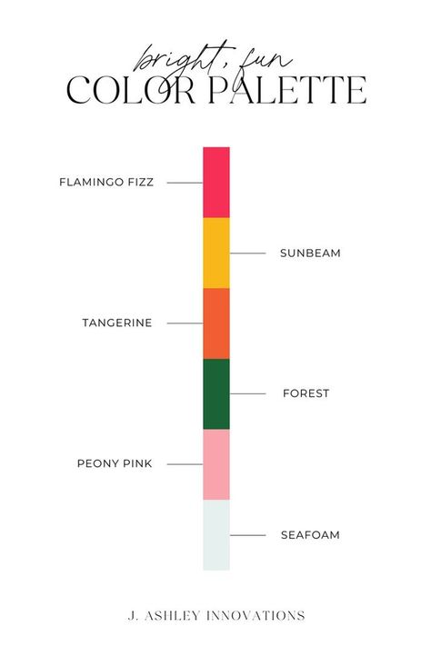 In this branding color palette for Oh Happy Day Podcast, we went all in on bright and bold colors. Warm tones dominate this color palette, with hot pink, orange, and marigold yellow. These bright brand colors are balanced with a rich emerald green and a light seafoam blue!