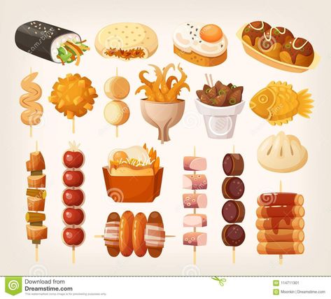 Illustration about Set of fresh delicious fast foods from asian streets. Variety of snacks. Vector illustrations. Illustration of chinese, fries, japanese - 114711301 Mandu Dumplings, Korean Mandu, Koreansk Mad, Different Types Of Food, Trip Fashion, Bahasa Jepun, Plats Healthy, Grey Street, 귀여운 음식 그림