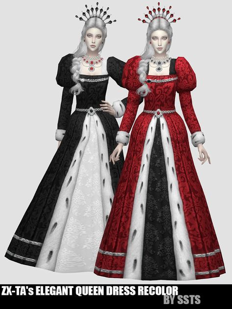 ZX-TA’s ELEGANT QUEEN DRESS RECOLOR by SSTS Teen to Elder Costume Everyday, Party, Formal Disabled for Random Standalone recolor... Queen Cc Sims 4, Sims 4 King Cc, Sims 4 Tudor Cc, Medieval Queen Dress, Sims Wardrobe, Sims Historical, Medieval Queen, Mods Sims 4, Sims 4 Decades Challenge