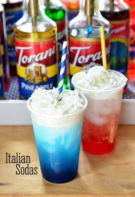 Italian Sodas recipe for a self serve Italian Soda Bar at your next party! details at TidyMom.net Italian Soda Bar, Italian Sodas, Party Beverages, Italian Cream Soda, Soda Bar, Italian Soda, Soda Recipe, Fettuccine Alfredo, Self Serve