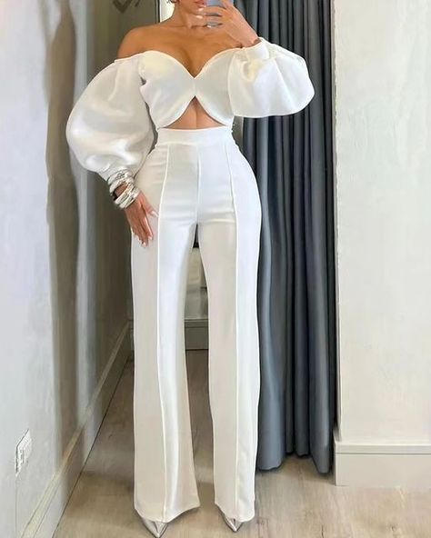 https://s.click.aliexpress.com/e/_DCt3s9t Lantern Sleeve Top, Mid Waist Pants, Two Piece Pants Set, Elegante Casual, Elegant Casual, Set Women, Straight Leg Trousers, Lantern Sleeve, Off Shoulder Tops